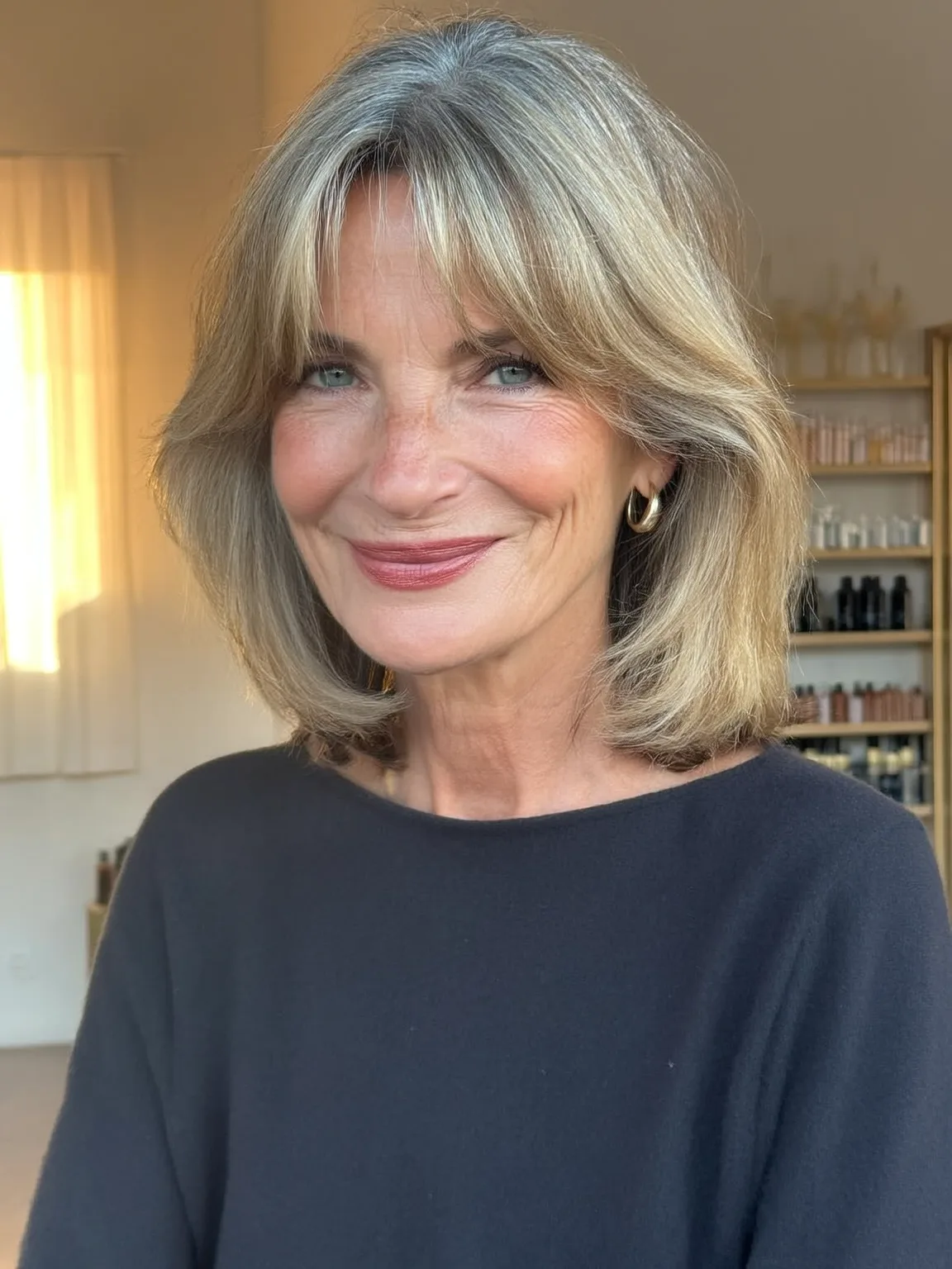 Ash Bronde Layered Bob with Curtain Bangs